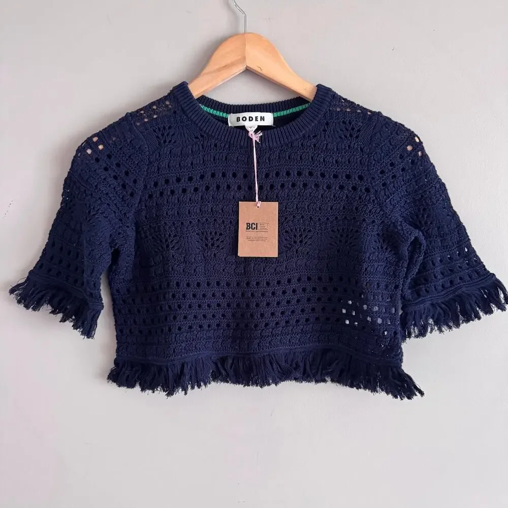 Boden Navy Blue Cropped Fringed Crochet Shirt Size Extra Small New